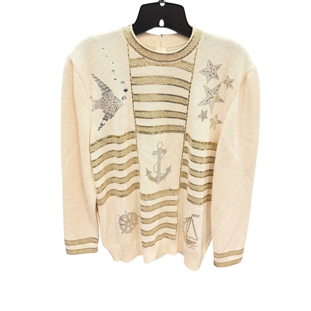 St. John Evening Sweater Cream Gold Nautical Motif Beaded Coastal Chic Size 10
